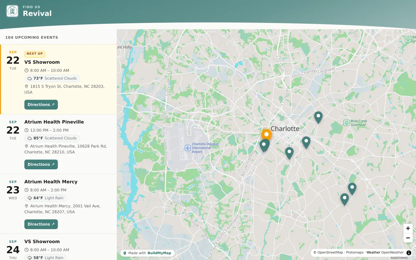 Revival's live find-us map on a desktop: a list of upcoming stops beside a map of Charlotte with pins for each location