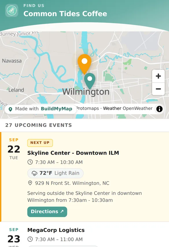 Common Tides Coffee's live find-us map on a phone: the map of Wilmington with the next stop pinned, and the next event card with time, weather and directions